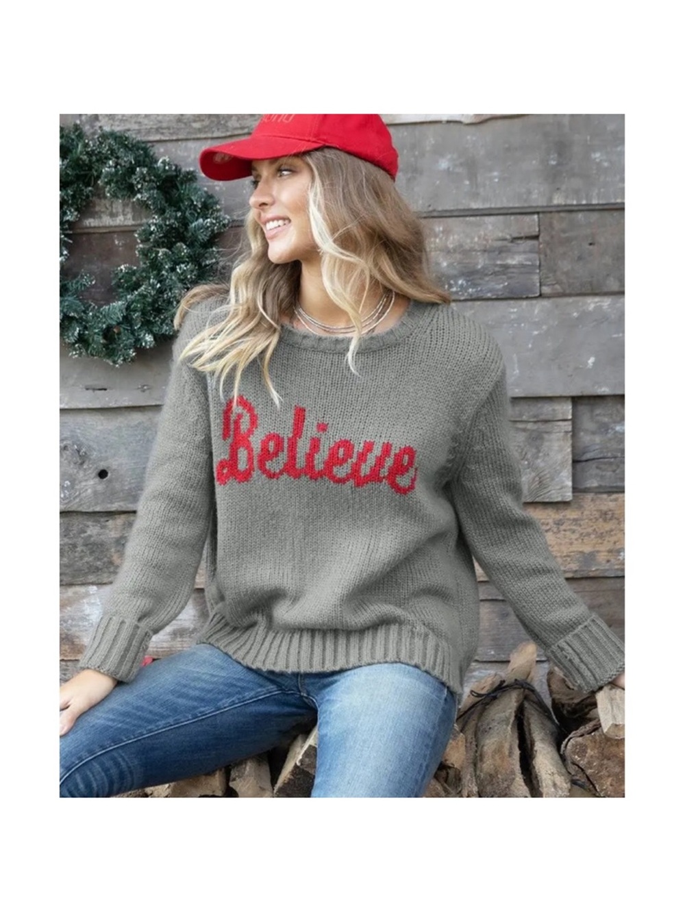 Wooden Ships Gray Knit Sweater with Red "Believe" Script